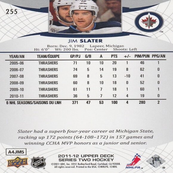 Jim Slater - 2011-12 Upper Deck Series 2 Hockey Card - Picture 2 of 2